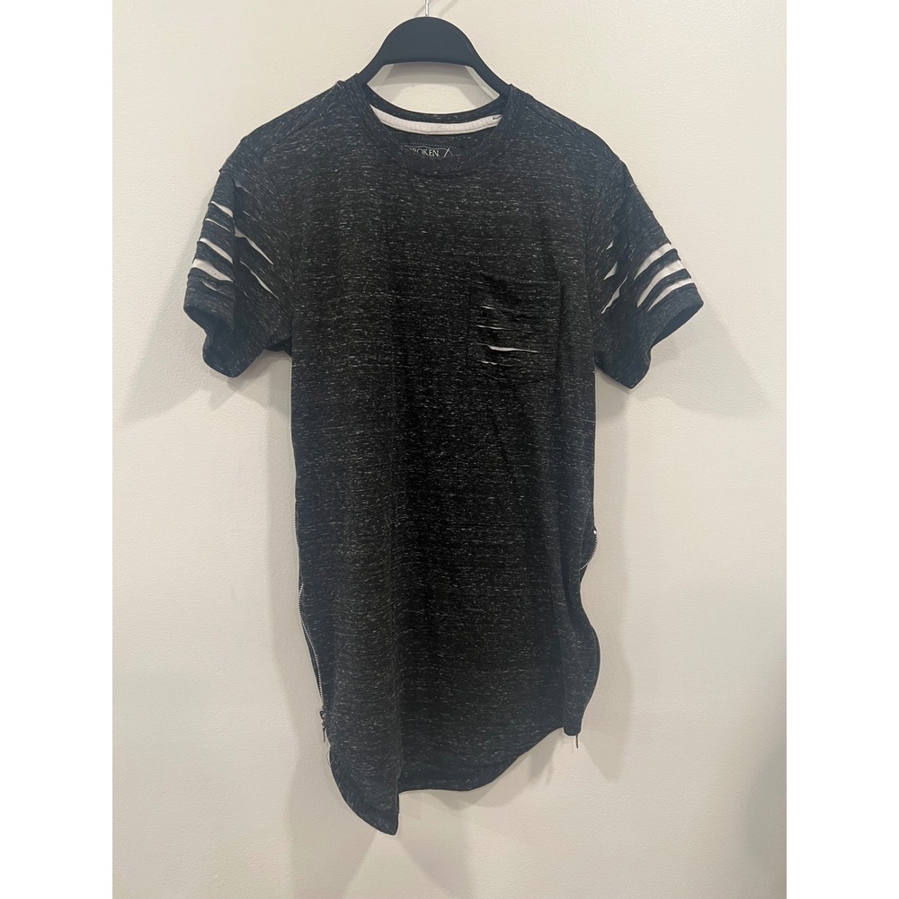 Broken Threads T Shirt Mens Small Charcoal Gray Crew Neck Distressed Side Zip